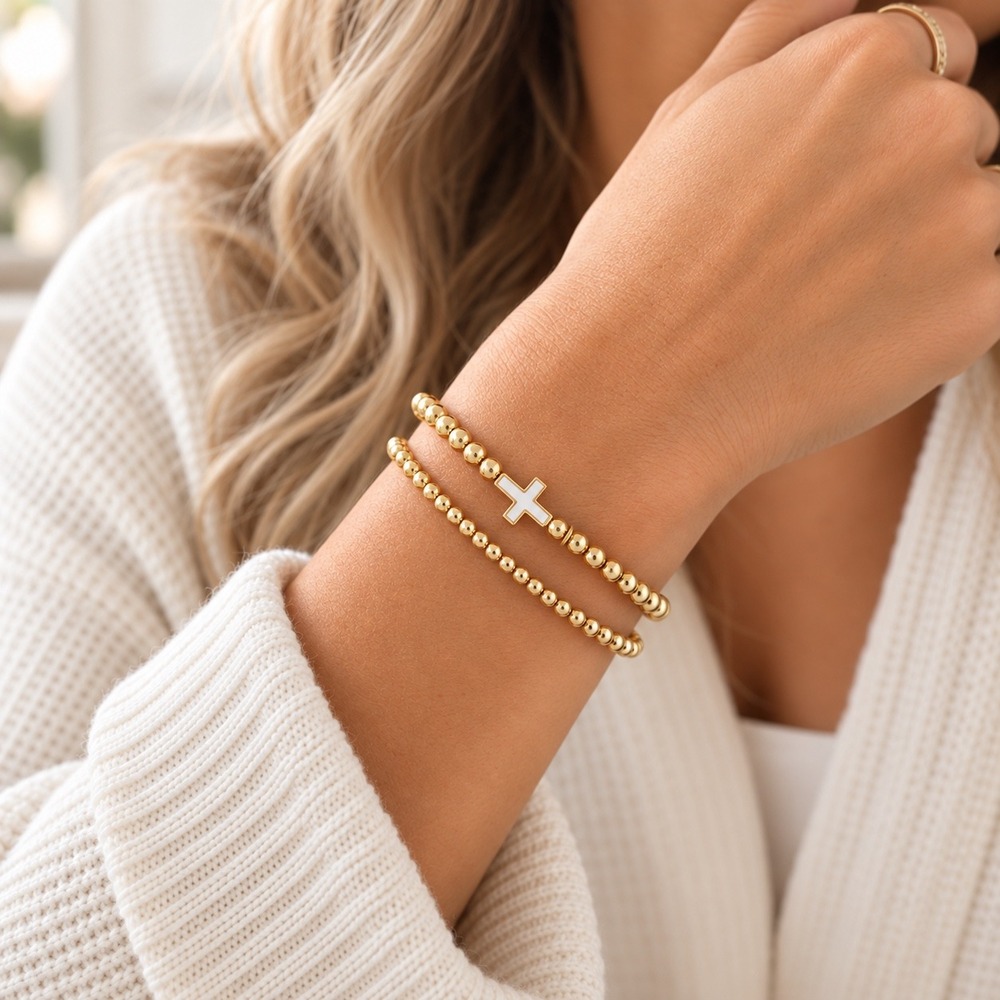Tiny Tags Cross Bracelet Stack Gold Tone Beaded Stretch Set 2pc White Inlay NEW